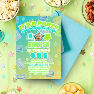 Custom Photo 1st Bday Invitation, Y2K Aesthetic 90s Nostalgia First Birthday Boy, Millennial Cassette Tape Invite, Music Baby Party FB009