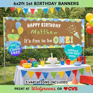 It's Fun to Be One Birthday Banner Template | Boy First 1st Bday 2x6ft Editable Sign | Pastel Rainbow Dots Decor - Print at Walgreens
