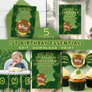 May include: A collection of 1st birthday essentials with a jungle theme. Includes invitations, a welcome sign, cupcake toppers, and a banner. The design features a child's photo in a lion costume and the text "He's a Wild One!"
