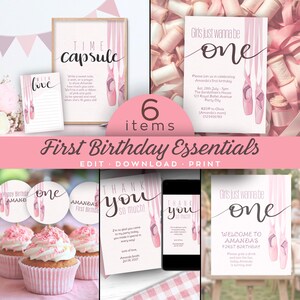 May include: A collection of pink and white first birthday party essentials. Includes invitations, thank you cards, cupcake toppers, a time capsule note, and a sign. The theme features ballet shoes.
