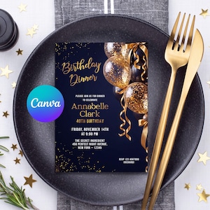 Elegant Birthday Dinner Party Invitation, Luxury Black & Gold Invite, Any Age Navy Blue Bday, Milestone Printable Mobile Canva Template P17