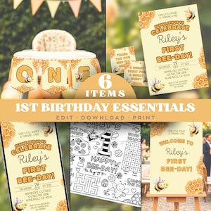 May include: A collection of 1st birthday essentials with a bee theme. Includes invitations, a banner spelling "ONE", and a coloring page. The invitations read "Riley's First Bee-Day!" with event details. The color scheme is yellow and brown.