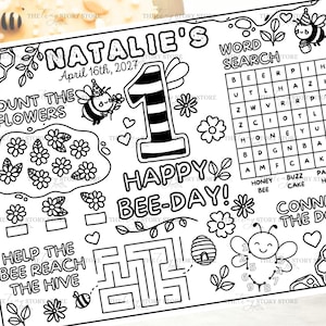 Könnte beinhalten: Schwarz-weiß-Malvorlage mit dem Text "NATALIE'S" und "April 16th, 2027". Die Seite enthält eine große Zahl 1, die Worte "HAPPY BEE-DAY!", ein Suchrätsel, ein Labyrinth und Illustrationen zum Thema Bienen.