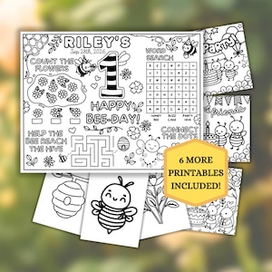 May include: Black and white printable party activity sheets with a bee theme. Includes a word search, maze, connect-the-dots, and colouring pages. The main sheet says "Riley's" and "Happy Bee-Day!" with the date.
