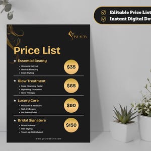 Op de afbeelding: Een zwarte prijslijst met gouden accenten voor schoonheidsdiensten. De lijst bevat diensten zoals knippen, gezichtsbehandelingen, manicures en bruidsmake-up. De tekst "Bewerkbare prijslijst" en "Directe digitale download" is ook opgenomen.