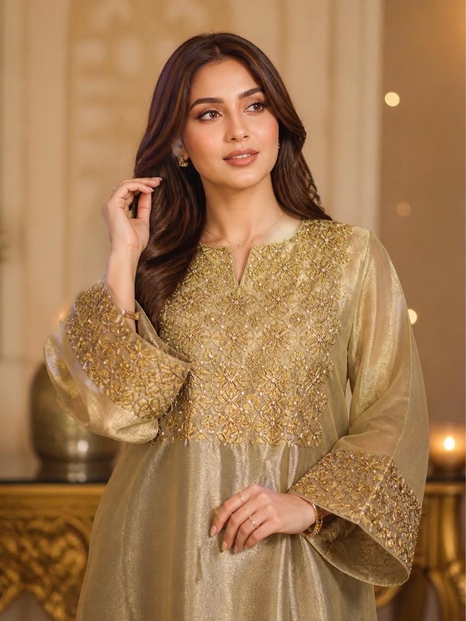 Copper Pink Tissue Silk Kurti Set Hand-Embroidered Floral Ethnic Wear, Pencil Pants