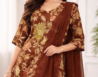 Brown Chiffon Sharara Set with Organza Kurti | Floral Embroidery Festive Outfit