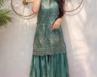 Smaragdgroene Garara-tissueset | Handgeborduurd cutdana, parel, pailletten