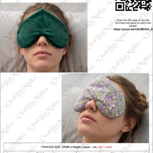 May include: A heart-shaped weighted eye pillow sewing pattern. The image shows two finished eye pillows, one green and one floral, resting on a person's face. The pattern includes dimensions: 8.27 x 5.91 inches (standard) and 9.4 x 6.69 inches (maxi).