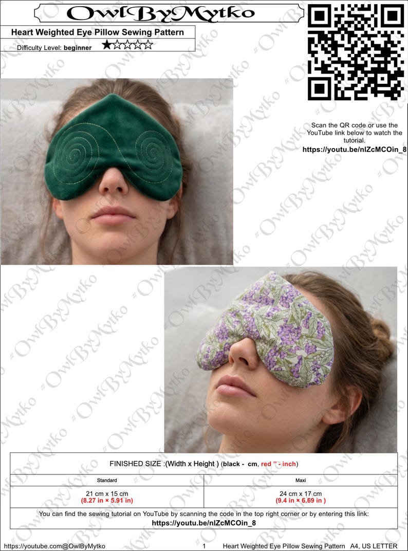 May include: A heart-shaped weighted eye pillow sewing pattern. The image shows two finished eye pillows, one green and one floral, resting on a person's face. The pattern includes dimensions: 8.27 x 5.91 inches (standard) and 9.4 x 6.69 inches (maxi).