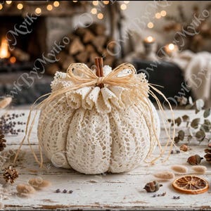 May include: A decorative pumpkin crafted from cream-colored crocheted lace fabric. The top features a ruffled lace collar, a central cinnamon stick stem, and a tied raffia bow. The pumpkin sits on a white wooden surface with scattered pinecones.