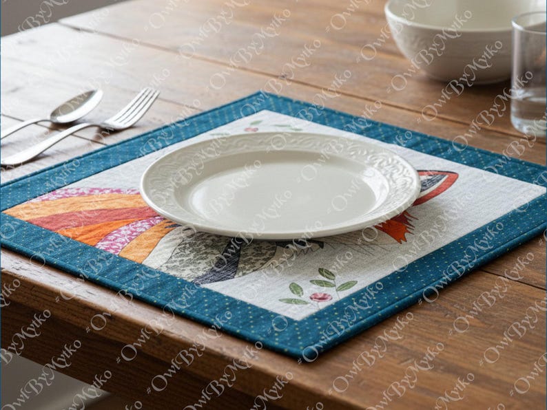 Puede incluir: Un plato de cer&aacute;mica blanca con borde decorativo descansa sobre un mantel individual cuadrado. El mantel individual presenta un dise&ntilde;o de p&aacute;jaro colorido con tonos naranja, azul y verde, enmarcado por un borde azul. Se ve cuberter&iacute;a sobre la mesa de madera.