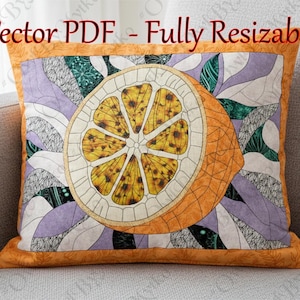 Puede incluir: Un cojín decorativo con un diseño de rodaja de naranja vibrante. El cojín tiene una apariencia acolchada con una ilustración detallada de una fruta cítrica. El fondo incluye formas abstractas moradas, blancas y verdes. El texto "Vector PDF - Fully Resizable" es visible.
