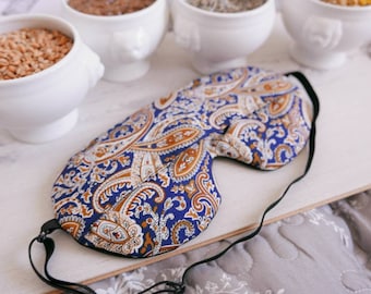 Soothing / scented eye/sleep mask,paisley on navy pattern,for her and for him, washable cover,lavender, flaxseed,chamomile,wheat,adjustable