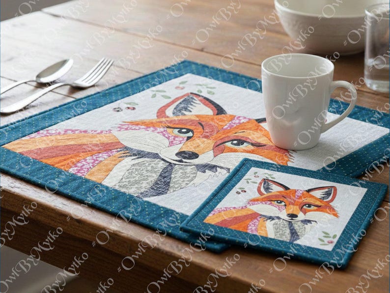 Puede incluir: Un juego de mantel individual y posavasos con un dise&ntilde;o de zorro en tonos naranja, blanco y gris, con un borde turquesa. Una taza blanca est&aacute; sobre el mantel individual. El conjunto est&aacute; sobre una mesa de madera.