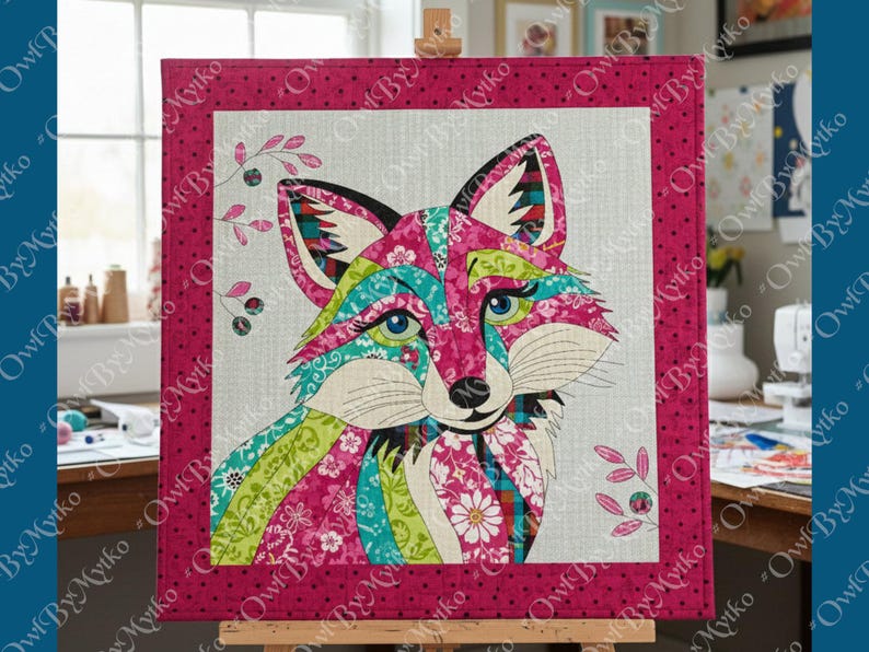 Puede incluir: Una colorida obra de arte de un zorro sobre lienzo. El zorro est&aacute; hecho de tela estampada rosa, verde y azul. La obra est&aacute; enmarcada con un borde rosa con lunares blancos. El fondo es gris claro.