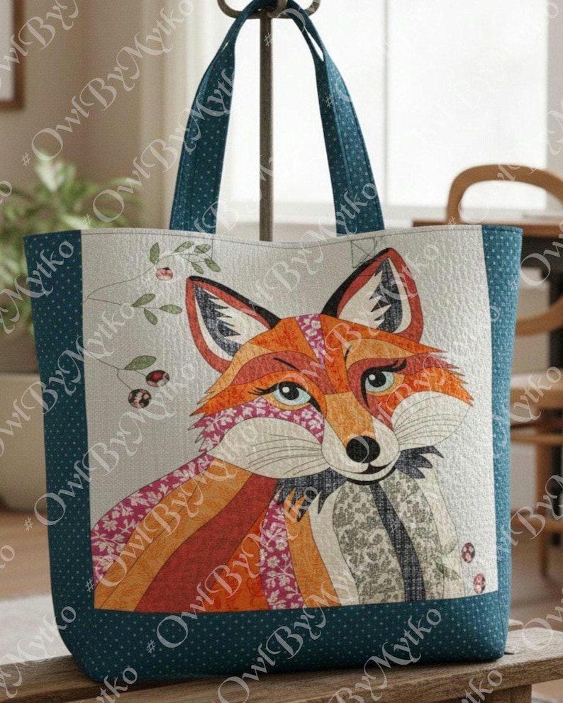 Puede incluir: Bolso tote de tela con un dise&ntilde;o de zorro patchwork en tonos naranja, rojo y rosa. El bolso tiene un borde y asas de color azul verdoso con un estampado de lunares blancos. El dise&ntilde;o del zorro es el foco principal.