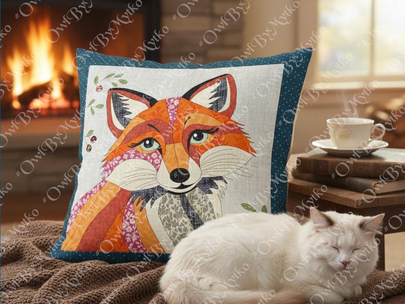 Puede incluir: Coj&iacute;n decorativo cuadrado con un dise&ntilde;o de zorro colorido. El zorro tiene detalles de patchwork en naranja, rojo y rosa. El coj&iacute;n tiene un borde azul con lunares blancos. Un gato blanco descansa frente al coj&iacute;n.
