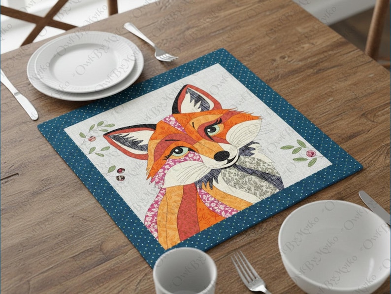 Puede incluir: Un mantel individual cuadrado con un dise&ntilde;o de zorro colorido. El zorro tiene pelaje naranja, rojo y blanco con ojos verdes. El mantel individual tiene un borde azul con lunares blancos y est&aacute; colocado sobre una mesa de madera con un plato, un cuenco y cubiertos.