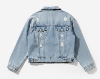 Chaqueta vaquera de patchwork para mujer, abrigo vaquero retro extragrande, manga larga estilo vintage.