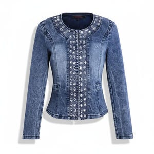 May include: A blue denim jacket with long sleeves and a round neckline. The jacket is decorated with clear rhinestones along the front and neckline. The denim has a faded, distressed appearance. The jacket has a fitted waist.