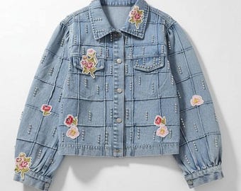 Embroidered Diamond Denim Jacket, Washed Distressed Jean Coat, Streetwear Outerwear