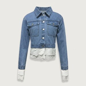 Women's Lace Patchwork Denim Jacket, Cropped Jean Coat, Feminine Streetwear Style