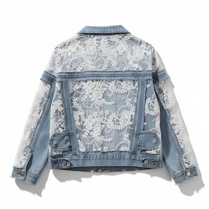 May include: Light blue denim jacket with white floral lace overlay on the back and sleeves. The jacket has a classic collar, button closures, and pockets. A stylish and unique outerwear piece.