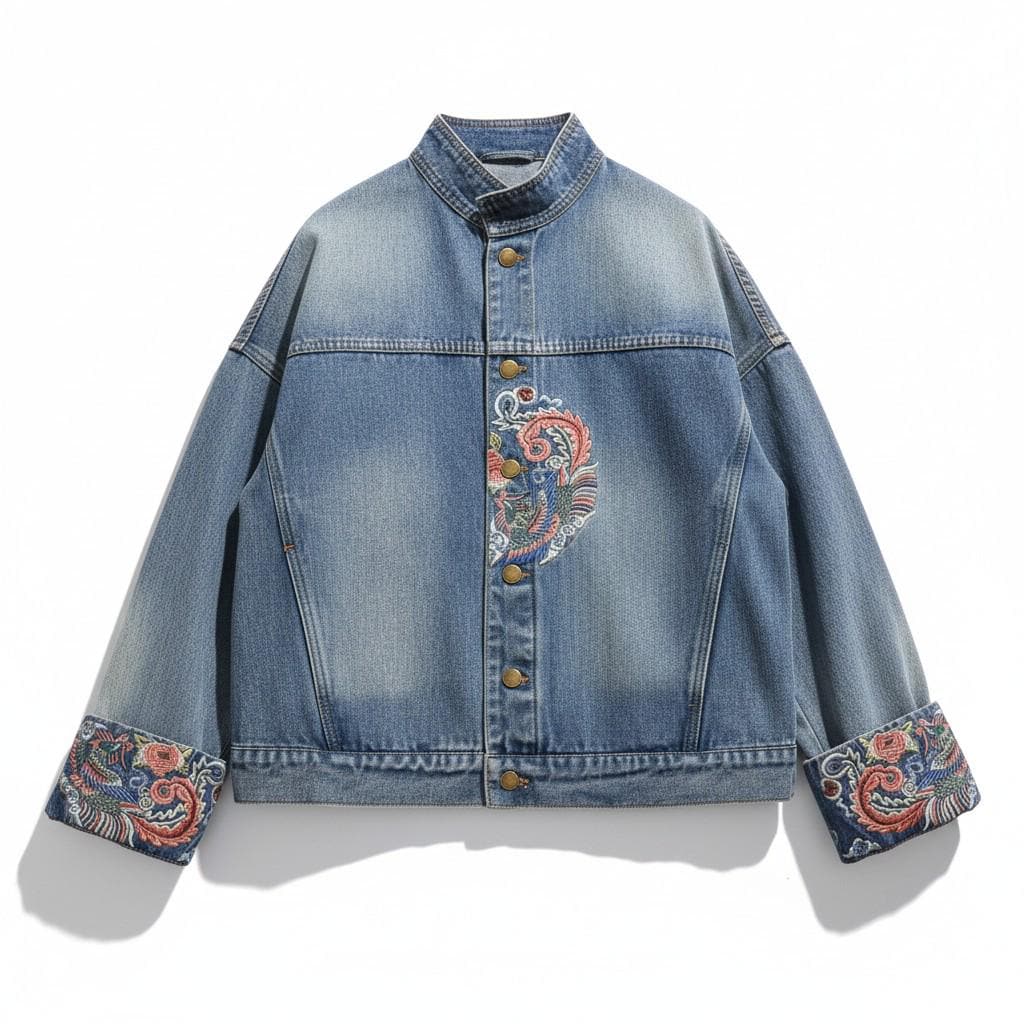 Embroidered Chinese Denim Jacket, Retro National Style Blue Coat