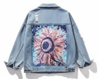 Chaqueta vaquera con parche de girasol bordado – Abrigo vaquero azul desgastado