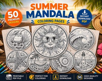 Paquete de 50 páginas para colorear de mandalas de verano: PDF imprimible, diseños de playa y tropicales, para colorear de forma fácil y relajante, descarga instantánea.