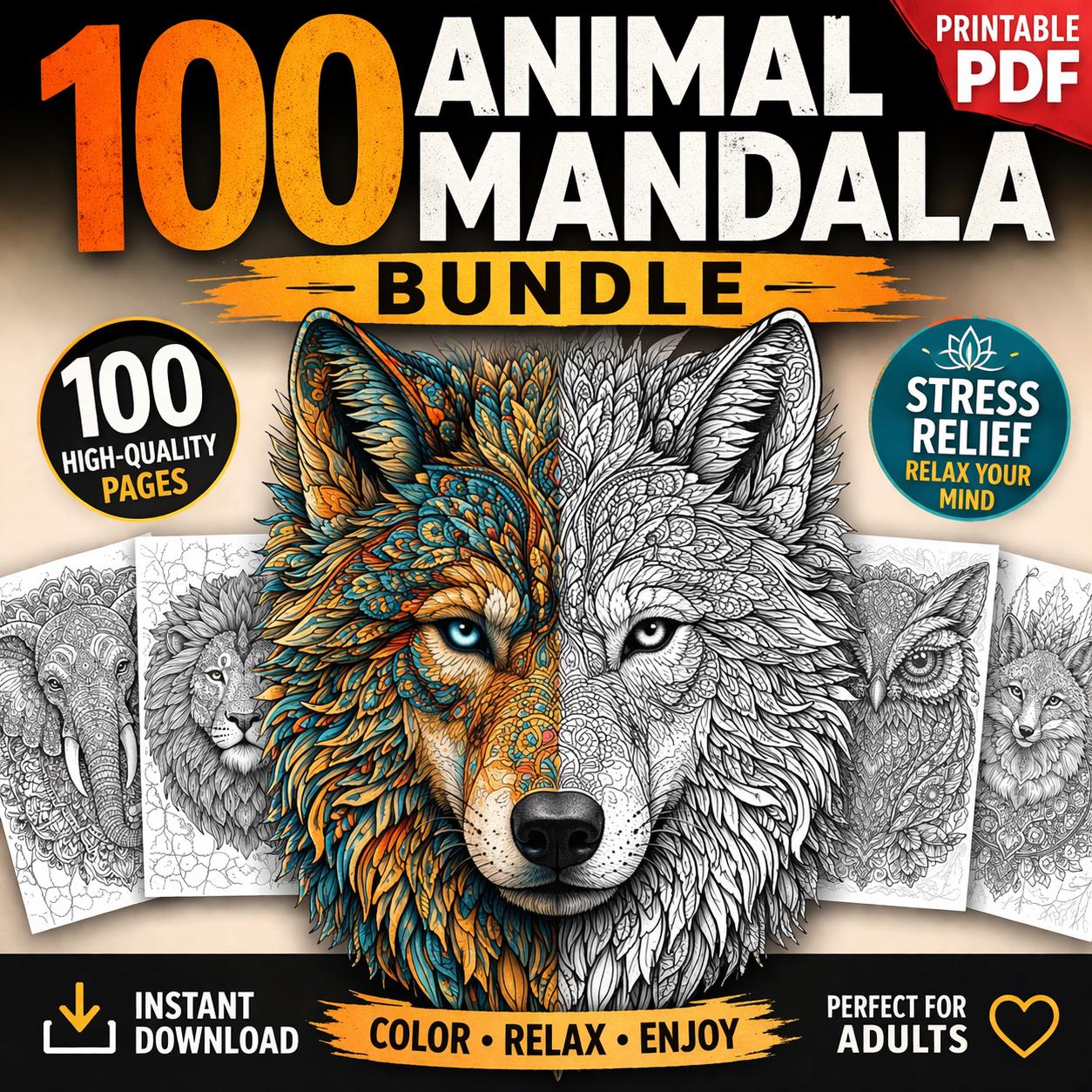 100 Printable Animal Mandala Coloring Pages PDF | Instant Download ...