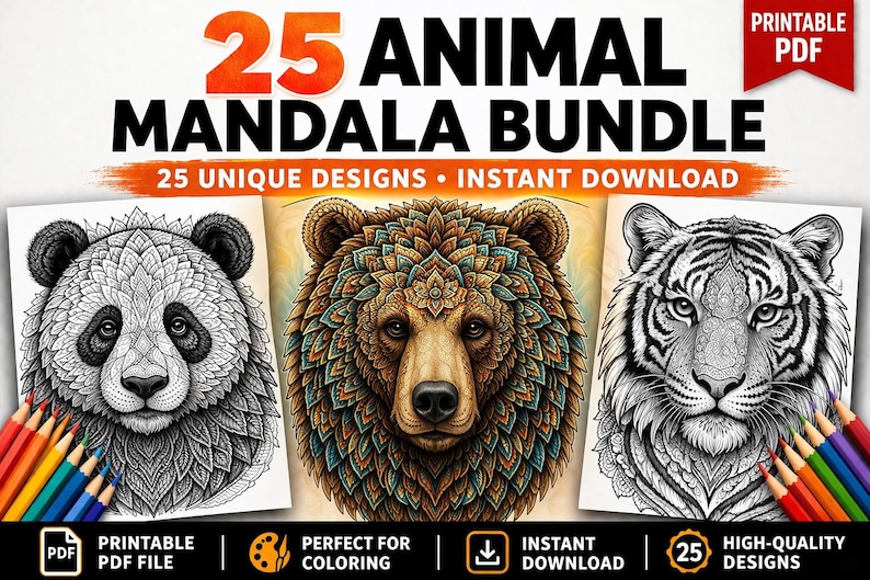 Animal Mandala Coloring Pages PDF | 25 Printable Designs | Coloring ...