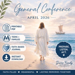 Op de afbeelding: Digitale afbeelding voor de Algemene Conferentie in april 2026. De afbeelding toont een persoon die op een strand naar een boot op het water loopt. Tekst omvat "Afdrukbare PDF", "Tieners + Gezinnen", "Op geloof gebaseerd dagboek" en "Direct downloaden".