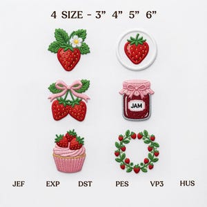 May include: Six embroidered strawberry-themed patches in various designs including a single strawberry, a strawberry in a circle, two strawberries with a pink bow, a jam jar labeled JAM, a cupcake, and a wreath. Text reads 4 SIZE - 3" 4" 5" 6".
