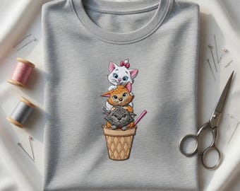 Aristocats Ice Cream Embroidery File, Marie Cat Machine Embroidery Design, Cute Kittens Stack Digital Download, Cartoon Cat Embroidery