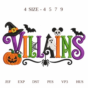 Könnte beinhalten: Ein Stickmuster mit dem Wort VILLAINS in bunten, stilisierten Buchstaben. Das Design enthält einen Hexenhut, einen Kürbis, Fledermäuse, ein Spinnennetz, ein Gespenst, einen Totenkopf und eine Spinne. Oben steht der Text 4 SIZE - 4 5 7 9.