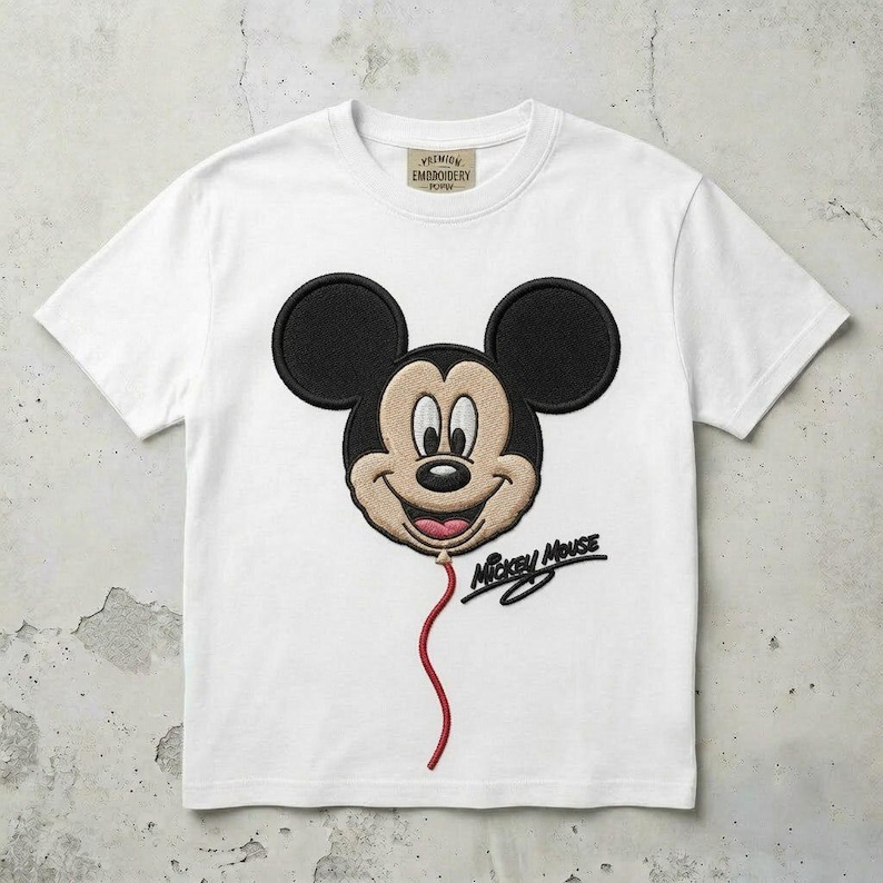 May include: A white short-sleeve t-shirt featuring a large embroidered Mickey Mouse head shaped like a balloon. The design includes a red string, the text "Mickey Mouse" in black script, and a "Premium Embroidery" label at the inner neckline.