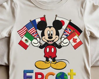 May include: A cream-colored t-shirt featuring a graphic of Mickey Mouse holding several international flags. Below the character, the word EPCOT is printed in colorful letters, with the letter O replaced by a graphic of the Earth globe.