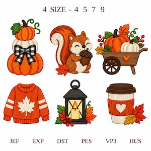 Könnte beinhalten: Eine Sammlung von sechs herbstlichen Stickmotiven, darunter ein Kürbisstapel mit karierter Schleife, ein Eichhörnchen mit Eichel, eine mit Kürbissen gefüllte Schubkarre, ein orangefarbener Pullover, eine Laterne und ein Kaffeebecher. Text: 4 SIZE - 4 5 7 9 und JEF EXP DST PES VP3 HUS.