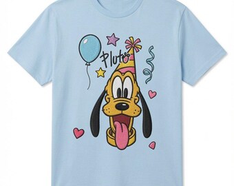 May include: A light blue short-sleeve t-shirt featuring an embroidered graphic of the Disney character Pluto wearing a pink and yellow striped party hat. The design includes a blue balloon, stars, streamers, and hearts with the text Pluto.