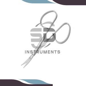 May include: A pair of surgical scissors with curved blades and large finger loops. The scissors are made of shiny, silver-coloured metal. The text "INSTRUMENTS" is printed below a logo.
