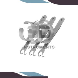 May include: A stainless steel surgical instrument with a curved handle and multiple hooks. The instrument has the word "INSTRUMENTS" printed on it. The design suggests a medical or surgical tool.