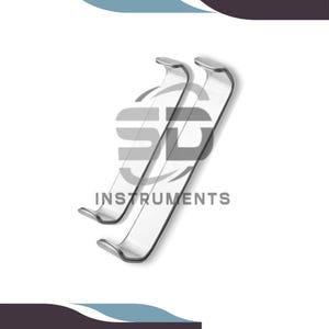 May include: Two surgical retractors made of shiny metal. The instruments have a curved shape with a handle on one end and a curved blade on the other. The text "INSTRUMENTS" is printed below the instruments.