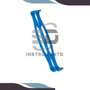 May include: Two blue medical instruments are angled diagonally against a white background. The instruments are long and slender, with curved handles and a connecting bar. The text "INSTRUMENTS" is printed in gray below the instruments.