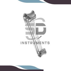 May include: A stainless steel surgical retractor with a curved, multi-layered design. The instrument has a polished finish and the word "INSTRUMENTS" is printed on the handle.