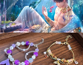 Conjunto de pulseras Rafayel Love y Deepspace Inspired, pulsera de cuentas moradas con forma de cola de sirena, regalo de joyería de anime y videojuegos para chicas gamers.