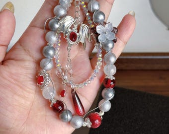 Mermaid Tail Beaded Keychain, Grey Shimmer Pearl & Red Carnelian Key Charm, Handmade Ocean Fantasy Accessory, Mermaidcore Gift