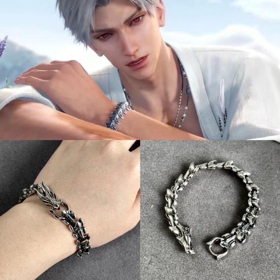 Sylus Dragon Bone Bracelet, Love and Deepspace Inspired Silver Bracelet, Gothic Dragon Chain Bracelet, Otome Game Jewelry Gift