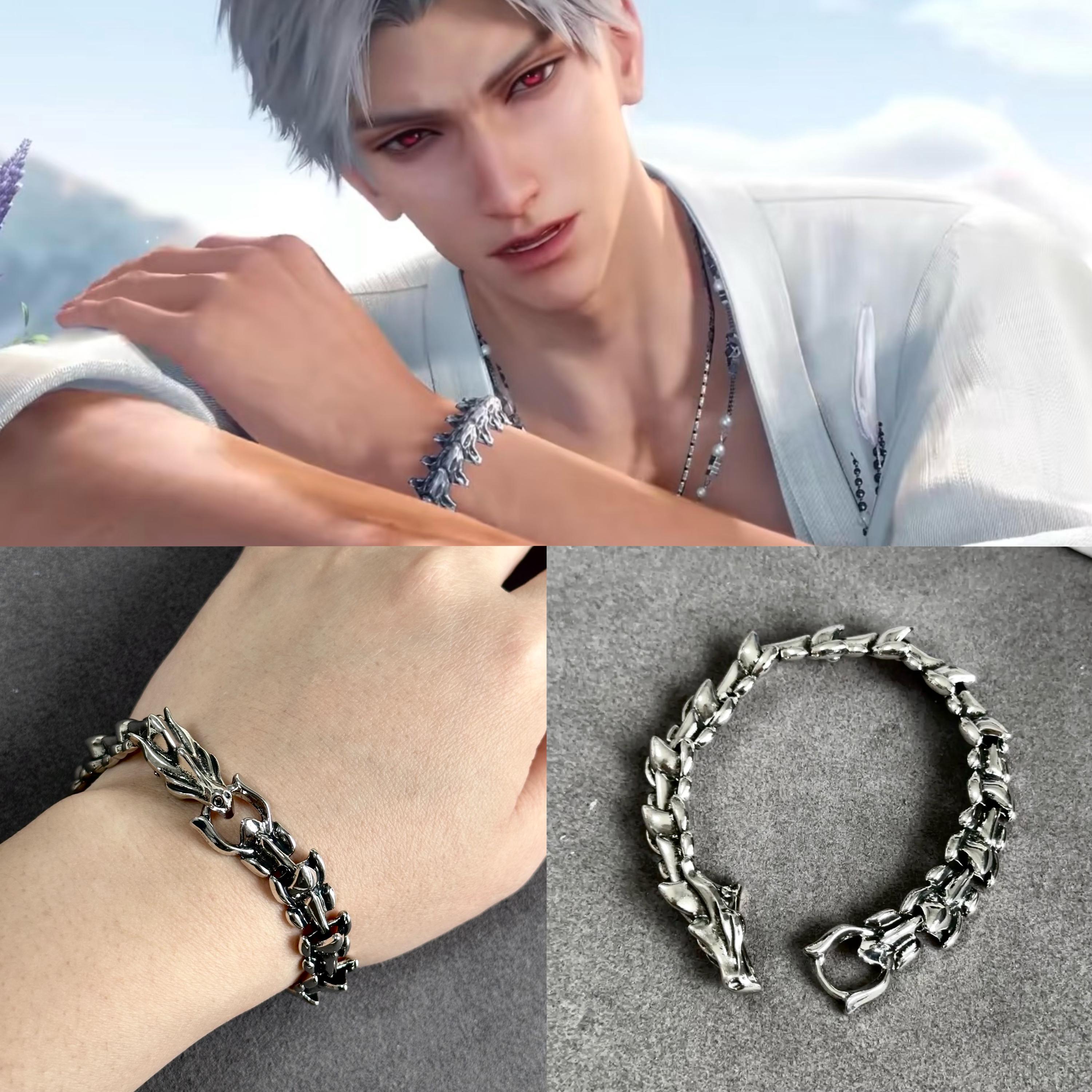 Sylus Dragon Bone Bracelet, Love and Deepspace Inspired Silver Bracelet, Gothic Dragon Chain Bracelet, Otome Game Jewelry Gift